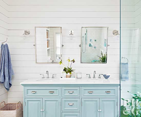 teal bathroom vanity, shiplap, bathroom