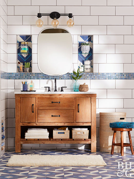 Bathroom with wooden storage cabinet