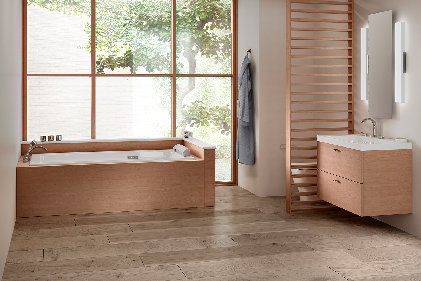 light hardwood bathroom with tree appearing through window wall