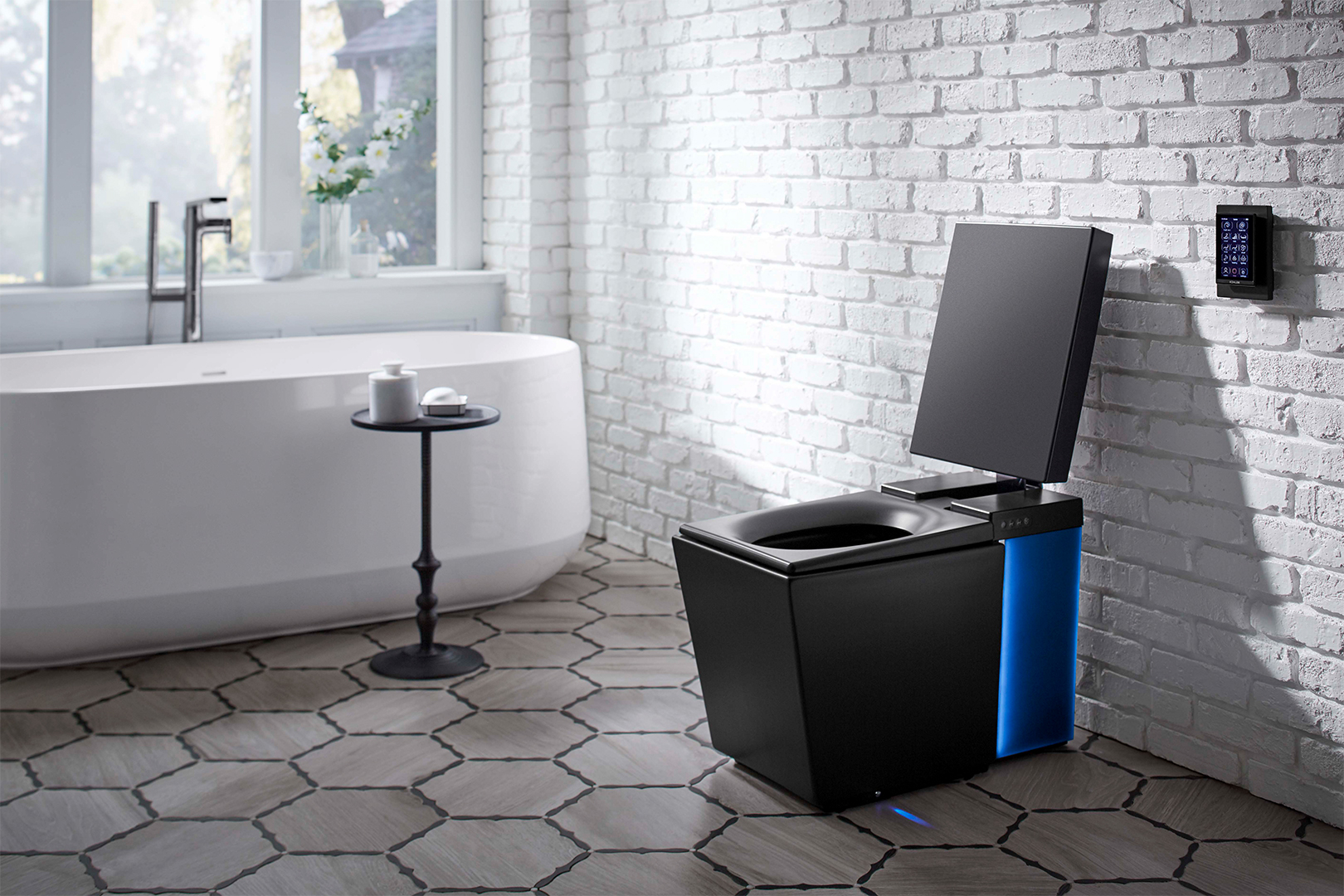 black geometric intelligent toilet with lid up revealing blue light